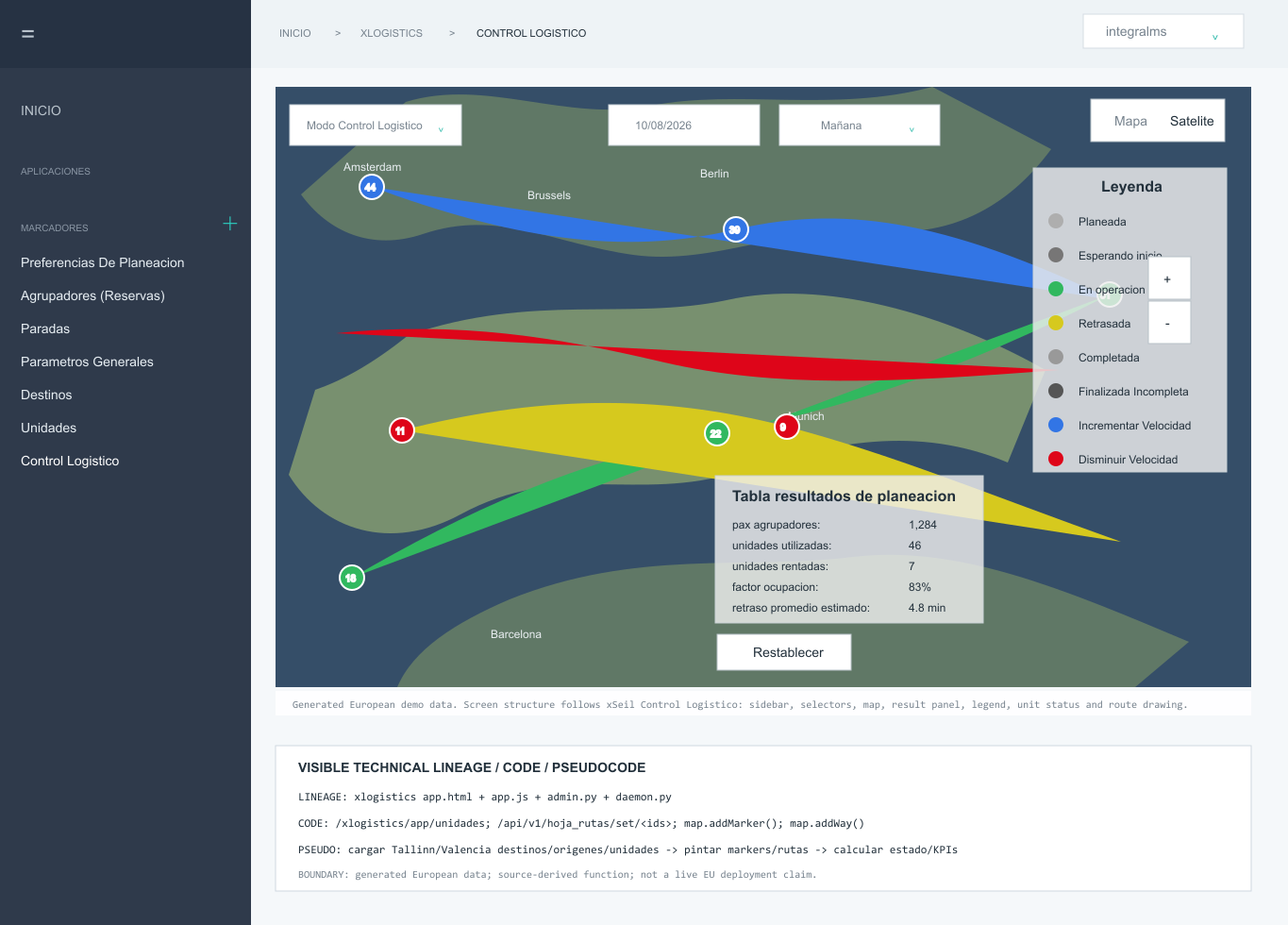 Control centre, live operations: active units, passengers carried and congestion over real street geometry in Valencia